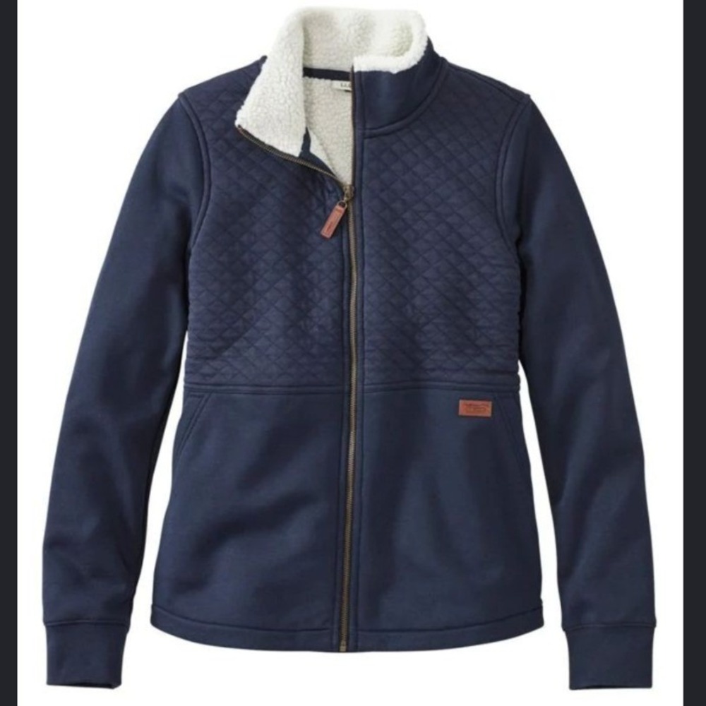 L.L.Bean Women's Diamond-Quilted Navy Blue Sherpa Lining Full Zip Sweater - S